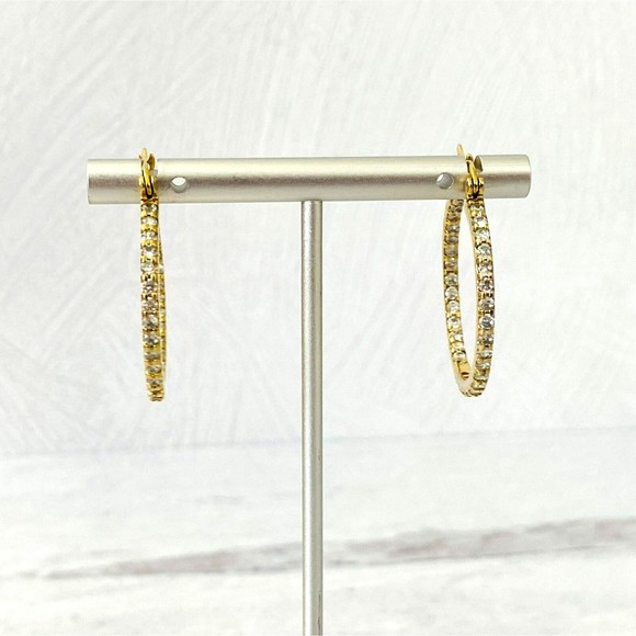 Inside Out CZ Hoop Earrings Gold over Sterling Silver 1.25" 2mm Light n Elegant - Picture 2 of 5